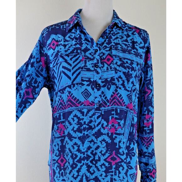 Tori Richard Size 2 Silk Popover Dress Long Sleeve Geometric Blue Pink - Picture 7 of 10